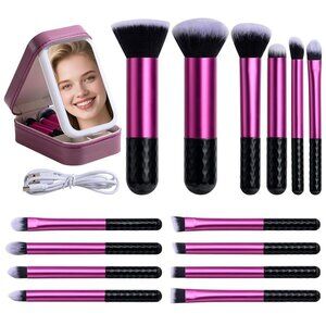 🆕Women Purple Brushes Set LED Light Mirror Cosmetic Tools for Flawless Beauty